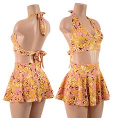 "This groovy little two piece set includes a tie back halter, and a circle cut mini skirt in our new \"What The Floral\" retro flower print. Choose 10, 12, or 15 inch length for your skirt! Made to order, ships out within five days of purchase. Womens Sizing (See below for instructions on where measurements should be taken) XXS: Bust 29\"-30\" / Waist 22\"-23\" / Hips 30\"-32\" Extra Small: Bust 31\"-32\" / Waist 24\"-25\" / Hips 33\"-35\" Small: Bust 33\"-34\" / Waist 26\"-28\" / Hips 36\"-37\" Retro Flower Print, Rave Skirt, Skirt Swimsuit, Floral Retro, Fabric Yardage, Retro Print, Printed Ties, Retro Flowers, Retro Prints