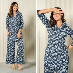 Introducing our Navy Blue Elegance Cotton Loungewear Co-Ord Set, designed to provide the ultimate blend of comfort and style. Crafted from pure, natural cotton, this loungewear set is perfect for those who value both elegance and comfort. The deep navy blue color adds a touch of sophistication, making it a beautiful addition to any nightwear collection. This co-ord set features a relaxed fit that ensures maximum comfort, whether you're lounging at home, sleeping, or enjoying a quiet evening. The Blue V-neck Sleepwear Set, Blue V-neck Sleep Set, Blue Printed Sleepwear For Lounging, Blue V-neck Pajama Party Sets, Blue Relaxed Fit Sleep Sets, Blue Relaxed Fit Sleepover Sets, Relaxed Fit Blue Sleepover Sets, Blue Loungewear Sets With Long Pants, Blue Sets For Lounging With Long Pants