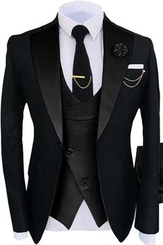 Elegant Black Fitted Sets, Elegant Fitted Black Set, Elegant Black Business Sets, Elegant Black Business Suit Set, Fitted Three-piece Suit With Suit Collar For Party, Fitted Black Evening Sets, Fitted Black Suits For Wedding, Fitted Black Suit For Wedding, Black Fitted Suits For Wedding