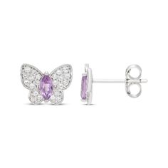 So special, these butterfly stud earrings are certain to become a treasured favorite. Crafted in sterling silver Each butterfly gleams with a marquise-cut amethyst center The wings shine with round-cut white lab-created sapphires for ultimate sparkle The earrings secure with friction backs Butterfly Stud Earrings, White Lab, Butterfly Earrings Stud, Marquise Cut, Earrings Sterling Silver, Sterling Silver Earrings Studs, Sterling Silver Earrings, Sapphire, Amethyst