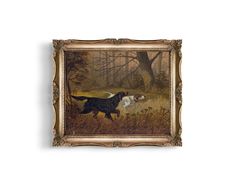 a painting of two dogs running in the woods