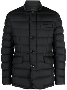 black calf leather/wool padded design quilted classic collar front button fastening long sleeves chest welt pocket two front flap pockets Moorer Jacket, Black Down, Pad Design, Padded Jacket, Quilted Jacket, Flap Pocket, Welt Pocket, Down Jacket, Calf Leather