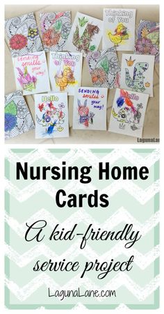 the words nursing home cards with pictures of children's drawings on them and an image of