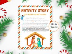 the nativity story is shown with christmas decorations and candy canes around it on a white background