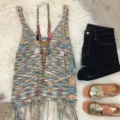 Multi Color Knit Tank With Fringe Trim And Open Back. - 1 Multicolor Knit Casual Tops, Multicolor Sleeveless Knit Top For Summer, Multicolor Soft Knit Tops, Multicolor Casual Knit Top For Spring, Casual Multicolor Knit Tops, Casual Multicolor Knit Top For Spring, Multicolor Knit Tops, Multicolor Sleeveless Knit Top For Spring, Trendy Knit Beach Top