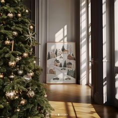 a christmas tree in the corner of a room with sunlight coming through the windows and a painting on the wall