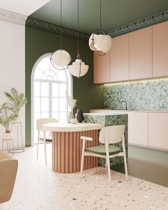 a kitchen with green walls and white furniture in the center, along with pink cabinets