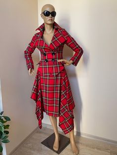 "Awesome extravagant women's fitted suit. Red Royal Stewart Scottish tartan pattern. Very feminine and elegant, look great with a matching skirt even and skinny jeans. The jacket is fully lined inside. The fabric is soft fine poly viscose. Length of the jacket is 23 inches at back. The skirt have not lining, asymmetrical length, 24 inches in shorter point. SIZE CHART SIZE S - US 6, UK 8, EU 36 bust: bust around 34.5\"/90cm Waist: waist around 27.5\"/70cm Hips: hips around 34.5\"/90cm SIZE M - US Red Plaid Blazer Outfit Women, Fitted Fall Sets With Buttons, Winter Long Sleeve Costume Party Sets, Fitted Costume Sets For Winter, Fitted Office Sets For Fall, Winter Fitted Suits For Costume Party, Fitted Winter Suits For Costume Party, Long Sleeve Suits For Winter Costume Party, Fitted Long Sleeve Set For Costume Party