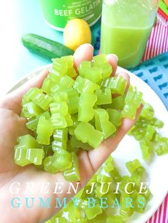 green juice gummy bears on a white plate