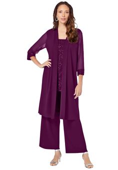 This timeless set makes an elegant, going-out statement. The duster jacket features an open front, sheer three-quarter sleeves and sequin cuffs. Allover lace top with a feminine square neck and squareneck sleeveless top with jersey knit back. Elasticized wide-leg pant. Top: 28" length; pants: 30" inseam; duster: 40" lengthTop and pant: poly/spandex; duster: nylon/spandexMachine wash Imported | Plus Size Women's Three-Piece Lace & Sequin Duster Pant Set by Roaman's in Dark Berry (Size 26 W) 3 Piece Duster Pant Set Plus Size Flats, Luxury Elegant Floor-length Pant Set, Sequin Duster, Dress Pant Suit, Duster Jacket, Swimsuits For All, Dress Pant, Quarter Sleeve, Three Quarter Sleeves