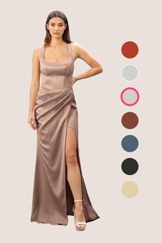 Mero is our stunning bridesmaid dress crafted from metallic satin. She features a square neckline paired with straps leading to a keyhole back. The look is complete with a pleated floor length sheath skirt. Copper Bridesmaid Dresses, Taupe Bridesmaid, Rose Gold Bridesmaid Dress, Satin Mermaid Dress, Taupe Bridesmaid Dresses, Rose Gold Bridesmaid, Stretch Satin Dress, Stunning Bridesmaid Dresses, Rose Bridesmaid Dresses