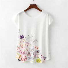 Nine Cats Women T Shirt Harajuku Kawaii Cute Style L0154 Style Kawaii, 자수 디자인, Cute Style, Novelty Print, Printed Sleeves, Women T Shirt, Cat Print, Kawaii Fashion, Cat Tshirt