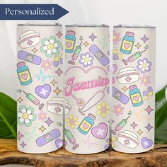 three personalized tumbles with different designs on them