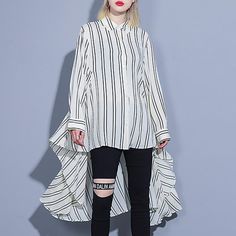 Pattern Type: Blouse Sleeve Type: Long SleeveWaistlines: NaturalElasticity: Slight-stretchyThickness: LightweightMaterial: 51%-70% Cotton-BlendNeckline: Shirt CollarOccasion: Daily, Date timeProcess: Gathered, Asymmetrical, High LowStyle:CasualTheme: SummerLength Front 69 cm / 27.16 "Length Back 108 cm / 42.52 "Sleeve length 57 cm / 22.44 "Cuff: 32 cm / 12.60 "Bust:114 cm/ 44.88 ''Waist: 160 cm/ 62.99 ''Shoulder: 42 cm/ 16.54 '' Trendy Asymmetrical Stretch Blouse, Stretch Shirt For Night Out In Spring, Spring Stretch Shirt For Night Out, Fitted Casual Asymmetrical Shirt, Spring Stretch Blouse With Asymmetrical Hem, Spring Blouse With Asymmetrical Hem And Stretch, Chic Oversized Asymmetrical Blouse, Chic Stretch Shirt For Spring, Chic Blouse For Layering With Shirttail Hem