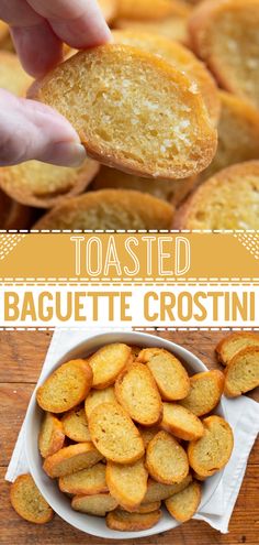 toasted baguette crostini in a white bowl