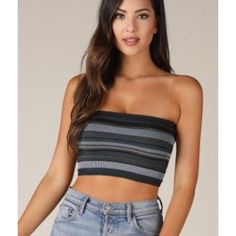 Blue Stretchy Striped Bandeau By Nikibiki. Sizes Available: 5 One Size Fits Most In Blue One Size Length: 7.75" Pit To Pit: 11.75" Before Stretch Model Is 5'11" And Wears M/L 92% Nylon, 8% Spandex Printed Denim Jacket, Bandeaus, Printed Denim, Green Fabric, Up Styles, Jean Coat, Black Floral, Women's Intimates, Strapless Top