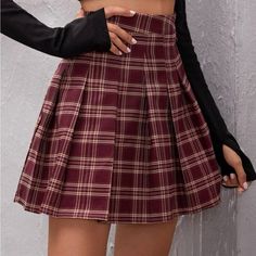 Burgundy Pleated Skirt Tartan Pleated Skirt, Leopard Print Pencil Skirt, Pu Skirt, Plaid Pleated Skirt, Rock Outfit, Modieuze Outfits, Red Skirts, Plaid Skirt, Cute Skirts