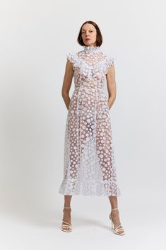 BATSHEVA - Caroline Dress in White Polka Dot Flocked Tulle Long Sleeveless Dress, Caroline Dress, Nyc Fits, Ruffled Collar, Tulle Fabric, Brand Collection, Dress 100, White Polka Dot, Flocking