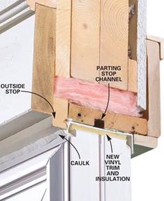 the parts of a window frame are labeled in this diagram, including insulation and siding