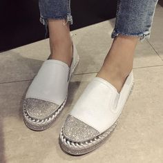 Patchwork Woman Genuine Leather Creepers Loafers Flats, WHITE / US 4.5 Ladies Loafers, Wedge Slippers, White Espadrilles, Espadrilles Shoes, Espadrilles Style, Wedges Sandals, Leather Moccasins, Shoes Woman, Platform Wedge