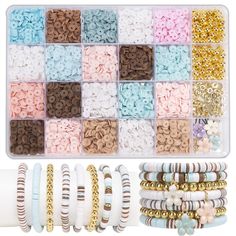 various bracelets and rings are arranged in a plastic container with beads, chains, and other accessories