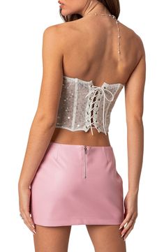 Take your night-out look to the next level with this strapless corset crop top covered in dazzling sequins and finished with a lace-up back closure. Lace-up back closure Sweetheart neck Strapless Semisheer Lined bodice 95% polyester, 5% spandex Hand wash, dry flat Imported Glamorous Bandeau Sequin Crop Top, Cropped Party Corset With Boned Bodice, Party Cropped Corset With Boned Bodice, Sequined Fitted Corset For Party, Fitted Cropped Corset For Party, Cropped Fitted Corset For Parties, Strapless Sequined Party Crop Top, Strapless Sequined Crop Top For Party, Glamorous Sequined Corset With Sweetheart Neckline