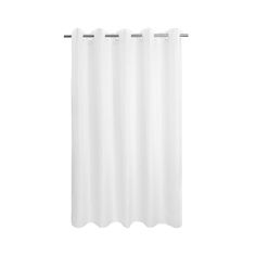 a white shower curtain hanging on the side of a bathroom wall with an overhang