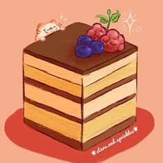 a drawing of a piece of cake with berries on top