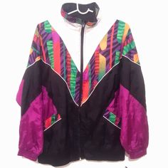 Brightly Colored Windbreaker Sports Vintage Jacket Shell 100% Nylon + Lining Poly/Cotton Jersey See Label Pic White Neck Yoke + Black/Magenta Body Sleeve + Multicolor Bands Zipper Opening Front Band Collar Pockets Elastic Cuff + Waistband 80's Fashion, Vintage Windbreaker, Band Collar, Sports Jacket, Vintage Jacket, 80s Fashion, Varsity Jacket, Jackets For Women, Jackets & Coats