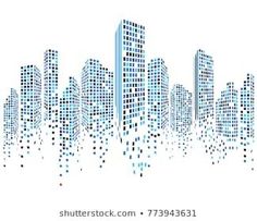 abstract cityscape with skyscrapers and dots in blue tones on a white background