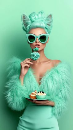 a woman with green hair and sunglasses holding a cupcake