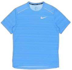 Blue Activewear For Sports, Blue Crew Neck Activewear For Sports Season, Blue Technical Activewear For Light Sports, Blue Short Sleeve Activewear For Sports, Blue Crew Neck Activewear For Training, Blue Athletic Fit Running Tops, Blue Technical Activewear With Crew Neck, Blue Short Sleeve Activewear For Running, Nike Breathable Blue Activewear