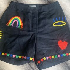 Stella Mccartney Rainbow Hearts Embroidered Linen Shorts Nwt Msrp $140 Size: 10y Brand New Never Worn With Tags Sold Out Online Black Shorts, Colorful Hearts Embroidery 55% Linen; 45% Cotton Care: Machine Washable At 30 Accepting Offers Fun Black Bottoms For Spring, Black Embroidered Cotton Shorts, Embroidered Black Summer Shorts, Embroidered Black Shorts For Summer, Playful Black Cotton Shorts, Spring Embroidered Multicolor Bottoms, Summer Embroidered Multicolor Bottoms, Embroidered Multicolor Summer Bottoms, Embroidered Multicolor Bottoms For Summer