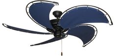 a black and blue ceiling fan against a white background with clippings on the blades