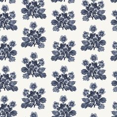 a blue and white wallpaper with flowers on it