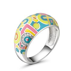 A bold ring features bright enamel colors in a geometric design, accented by sparkling white stones. A modern take on the classic design, this ring features bold enamel coloring, creating a bold, eye-catching design that looks fantastic wherever it is worn.  If you are looking for something simply gorgeous, this geometric painted ring is the perfect answer.Carat Weight: 0.14 ctStone Size: 1 mmStone Type: Jeulia® StoneNumber of Stones: 14 Stone Shape: RoundStone Color: Diamond WhiteWeight: 6.34 g Modern Enamel Ring For Gift, Trendy White Enamel Rings, Multicolor Enamel Open Ring, Modern Multicolor Enamel Jewelry, Yellow Enamel Ring, White Retro Enamel Jewelry, Retro White Enamel Jewelry, Math Game, Bold Rings