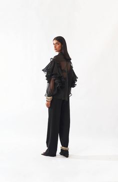 - Oversized- Silk organza shirt- Visible button fasting at front- Dropped shoulder- Ruffled detail on sleeves- 100% SilkDry Clean Organza Shirt, Ruffle Long Sleeve, Contemporary Luxury, Silk Organza, Shop Window, Accessories Bags, Clothes Accessories, London Fashion Week, Fashion Boutique