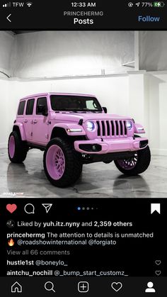 a pink jeep is parked in a white room with an instagramt on it