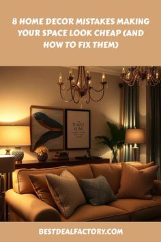 a living room with chandelier and couches in the background text reads 8 home decor makes making your space look cheap and how to fix them