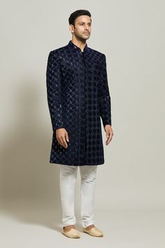 Blue sherwani featuring all over geometric pattern embroidery in thread and sequin work. Paired with a white churidar. - Aza Fashions Geometric Pattern Embroidery, White Churidar, Blue Sherwani, Embroidered Sherwani, Pattern Embroidery, Churidar, Blue Velvet, Mandarin Collar, Pocket Square