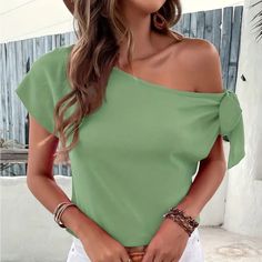 One Shoulder Lace Up Asymmetrical Blouse, Elegant Short Sleeve Blouse For Spring & Summer, Women's Clothing Boutique Sizes Available In Lettering: Xs (2) S (4) M (6) L (8/10) Xl (12) Xxl (14) !!*Please Note*!! *This Is A Pre-Order Item And Requires A Longer Shipping Time. Please Allow 7-14 Business Days Before Shipping.* Thank You For Your Patience. Once Ordered Is Placed We Will Notify You Of An Expected Shipping Date. Bundle 2 Or More Items From My Closet For A 15% Discount. Tags: Spring Summe Spring Tops With Asymmetrical Neckline In Solid Color, Green One-shoulder Blouse, Green One-shoulder Summer Blouse, Green One-shoulder Blouse For Spring, One-shoulder Green Blouse For Spring, Summer One Shoulder Green Tops, Summer Green One Shoulder Top, Green One-shoulder Summer Tops, Green One-shoulder Top For Summer