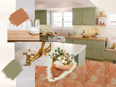 a kitchen with green cabinets and white counter tops in the center is an orange tiled floor