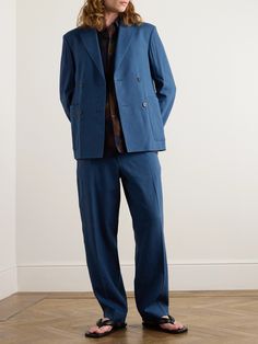 EXCLUSIVE AT MR PORTER. Dries Van Noten is celebrated for its meticulous attention to detail. This double-breasted blazer is tailored from a cobalt-blue linen-blend with high-gorge notch lapels and oversized patch pockets. Wear yours with the matching trousers for a casual take on traditional suiting. Blue Double-breasted Suits For Business Casual, Fall Blue Double Breasted Suit For Work, Blue Double-breasted Notch Lapel Suit For Work, Blue Double-breasted Blazer With Welt Pockets, Blue Double-breasted Suit With Notch Lapel, Tailored Blue Double Breasted Suit For Fall, Blue Double Breasted Suit For Fall, Tailored Blue Double-breasted Blazer, Blue Double-breasted Tailoring Blazer