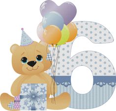 a brown teddy bear holding balloons in front of the number six