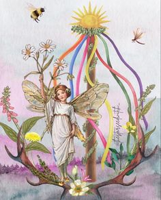 a painting of an angel surrounded by flowers and ribbons with two bees flying above it