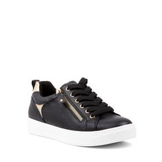 Give your casual outfit a powerful sporty vibe with these women's Steve Madden Brookee black sneakers. Made of synthetic upper with perforated side panels for cool styling and ventilation, these casual kicks have a round toe design, lace-up front closure, lateral side zip detail, gently padded collar, convenient pull loop at rear, synthetic lining, lightly padded synthetic footbed with patch branding label, and a synthetic outsole with sturdy platform. | Steve Madden Women's Brookee Sneaker in B Chino Joggers, Oversized Button Down Shirt, Summer Plaid, Black Sneakers, Toe Designs, Types Of Skirts, Wedge Sneaker, Steve Madden Shoes, Casual Outfit