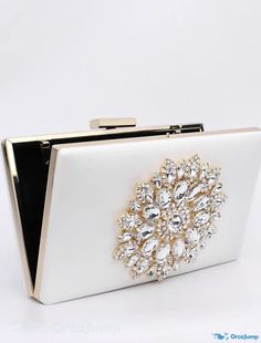 OrcaJump - Womens PU Leather Rhinestone Floral Print Evening Bag - White, Black, Pink, Red - for Wedding, Event and Party Wear White Rhinestone Clutch For Party, White Party Bag With Rhinestones, Elegant White Bag With Rhinestones, White Rhinestone Evening Bag For Events, White Rhinestone Evening Bag For Formal Occasions, White Rectangular Evening Bag With Rhinestones, Wedding Event, White Bag, Pink Red