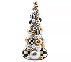 a christmas tree made out of black and white balls on a white background with gold accents