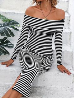 Composition:100% PolyesterMaterial:PolyesterStyle source:Buyer providesLength:Knee HighBelt:NoSleeve Length:Long SleeveHem Shaped:TrapezePatterned:StripesApplicable People:AdultSheer:NoDresses Length:Knee HighSilhouette:PleatedType:BandeauContour:ASeasons:All-seasonCare Instructions:Machine wash, do not dry cleanFit Type:SkinnyFabric Elasticity:Micro ElasticityPrinting Type:No PrintingWeaving Method:Knit FabricCollar Style:Off the ShoulderItem ID:UC50778 Long Length Dresses, Fall Chic, White Fashion Casual, Knitted Bodycon Dress, Black And White Style, Polyester Dress, Swimsuit Tops, Spring And Fall, Striped Dress