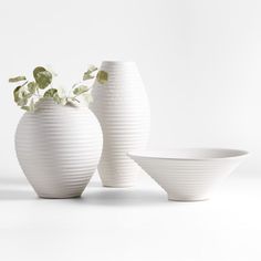 three white vases sitting next to each other on top of a table with plants in them